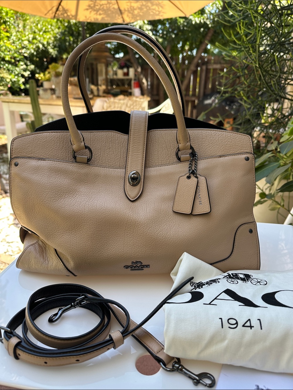 Coach Taupe Pebbled Leather Tote with Black Trim